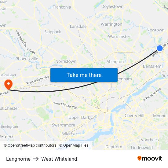 Langhorne to West Whiteland map