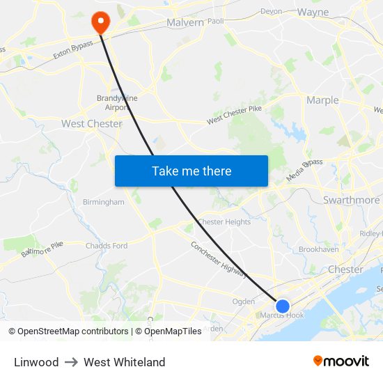 Linwood to West Whiteland map