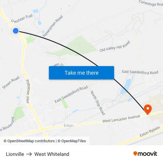 Lionville to West Whiteland map