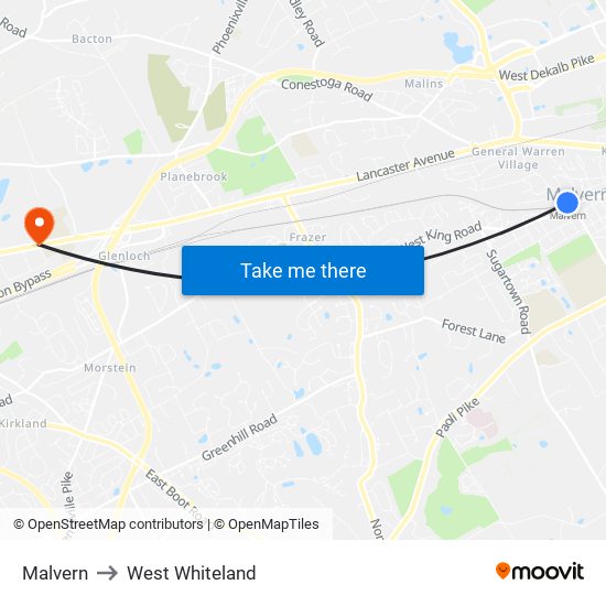 Malvern to West Whiteland map
