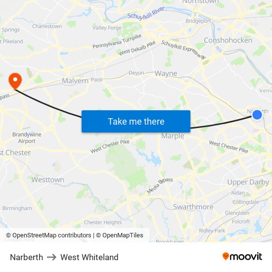 Narberth to West Whiteland map