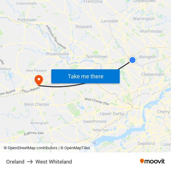 Oreland to West Whiteland map