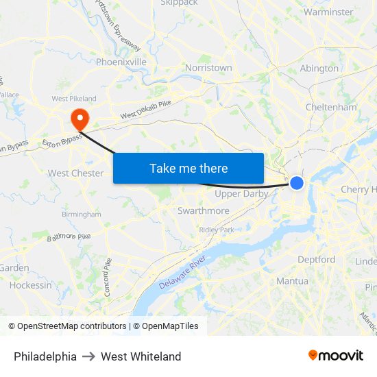 Philadelphia to West Whiteland map