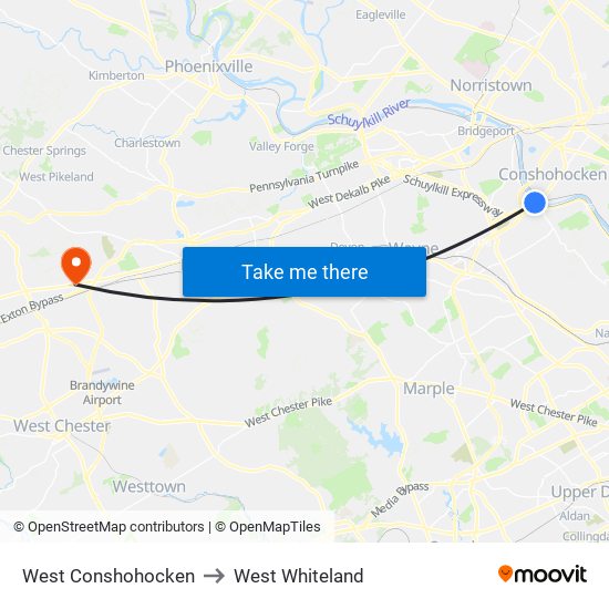 West Conshohocken to West Whiteland map