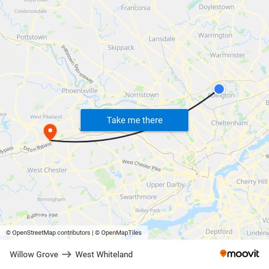 Willow Grove to West Whiteland map