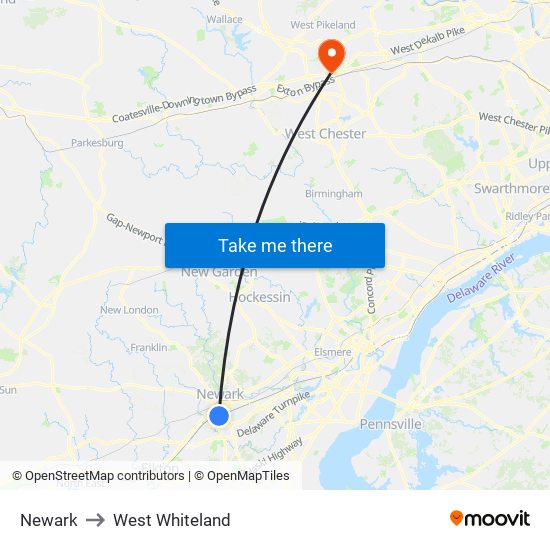 Newark to West Whiteland map