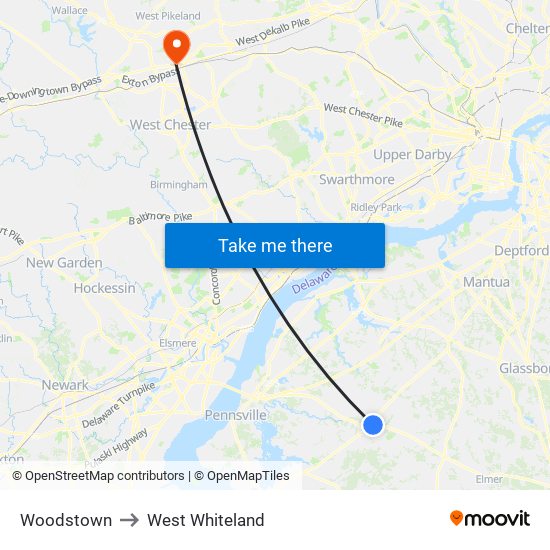 Woodstown to West Whiteland map