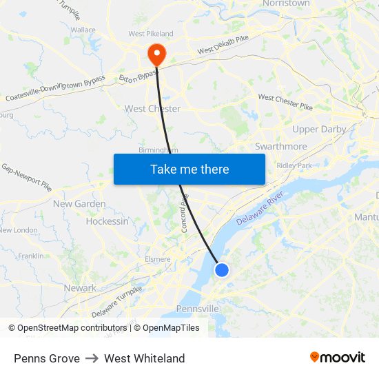 Penns Grove to West Whiteland map