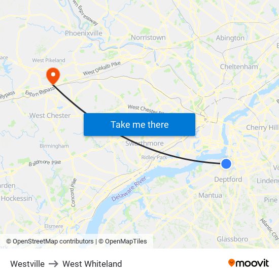 Westville to West Whiteland map