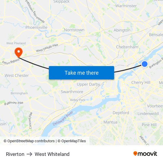 Riverton to West Whiteland map