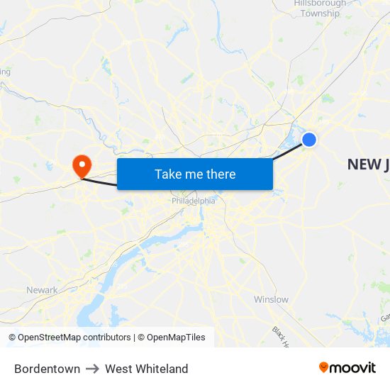 Bordentown to West Whiteland map
