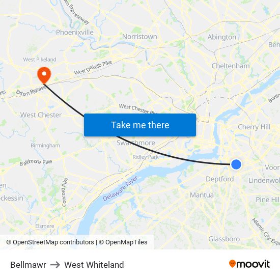 Bellmawr to West Whiteland map
