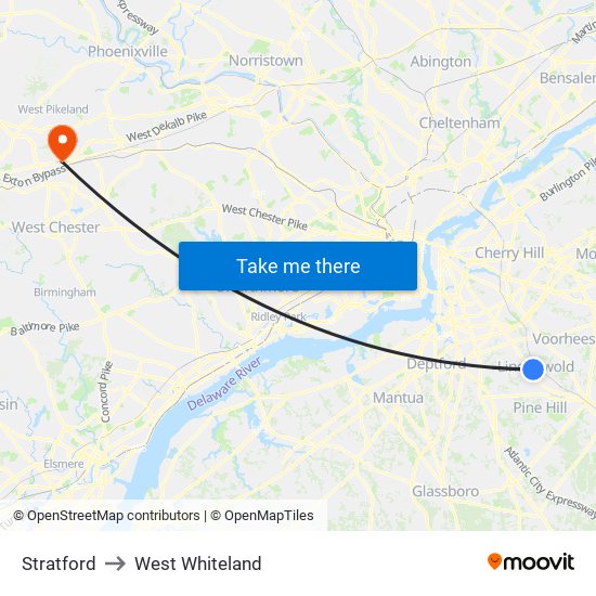 Stratford to West Whiteland map
