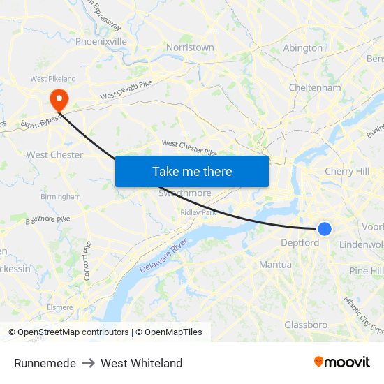 Runnemede to West Whiteland map