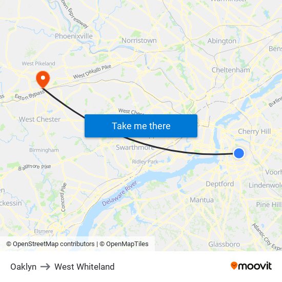 Oaklyn to West Whiteland map