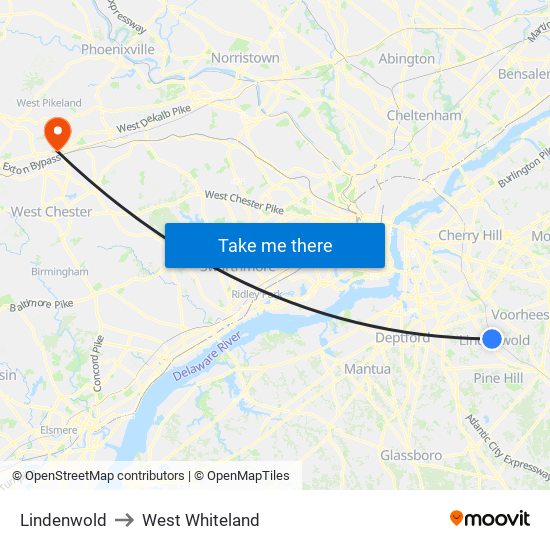 Lindenwold to West Whiteland map
