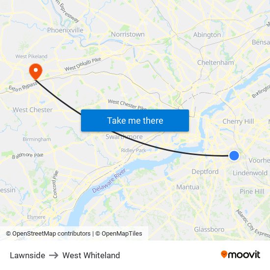 Lawnside to West Whiteland map