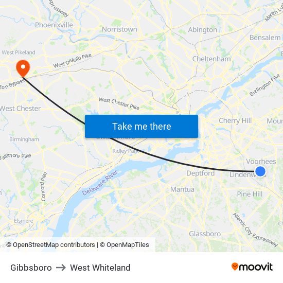 Gibbsboro to West Whiteland map