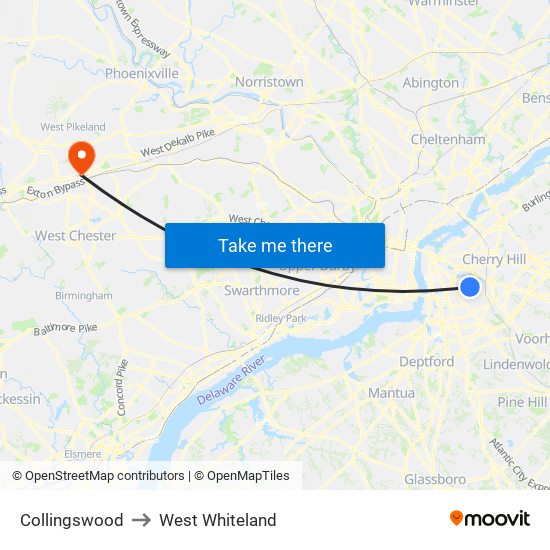 Collingswood to West Whiteland map