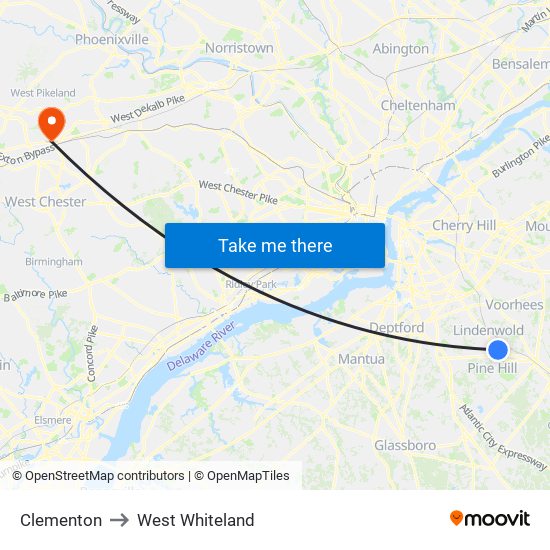 Clementon to West Whiteland map