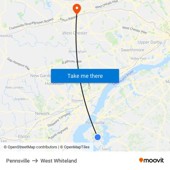 Pennsville to West Whiteland map