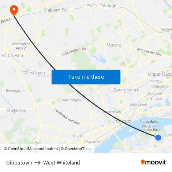 Gibbstown to West Whiteland map