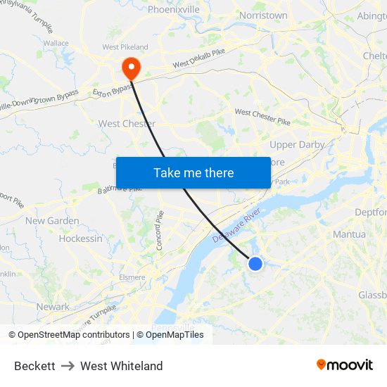 Beckett to West Whiteland map