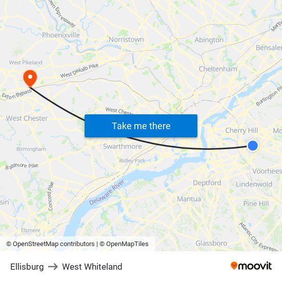 Ellisburg to West Whiteland map