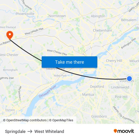 Springdale to West Whiteland map