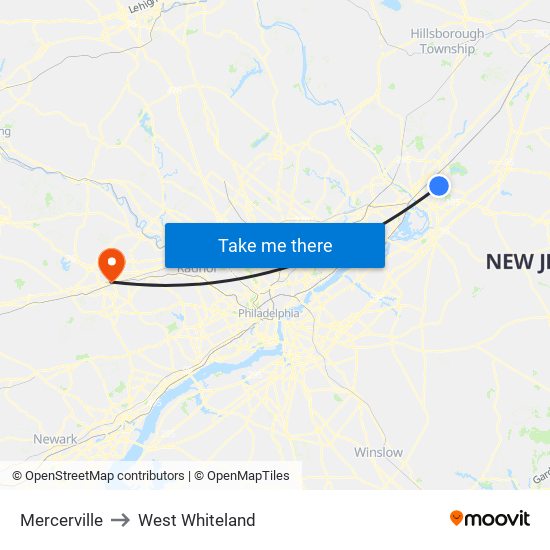 Mercerville to West Whiteland map