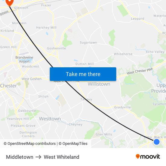 Middletown to West Whiteland map