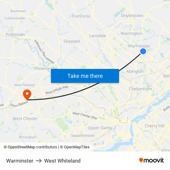 Warminster to West Whiteland map