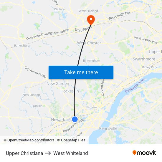 Upper Christiana to West Whiteland map