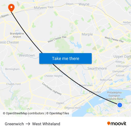 Greenwich to West Whiteland map
