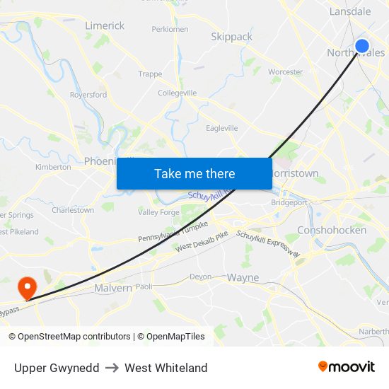 Upper Gwynedd to West Whiteland map