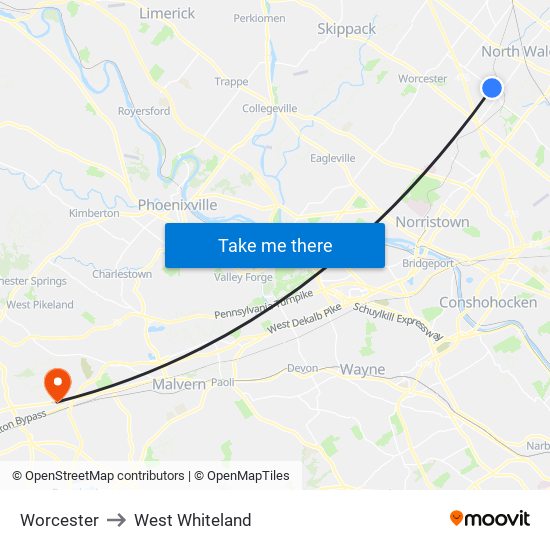 Worcester to West Whiteland map