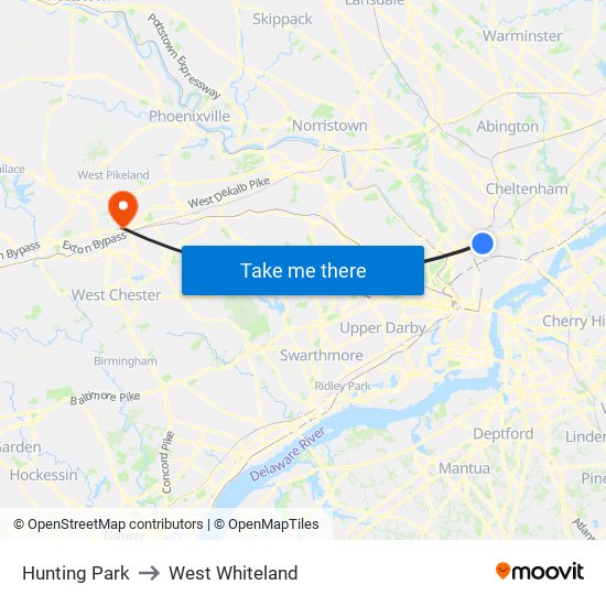 Hunting Park to West Whiteland map