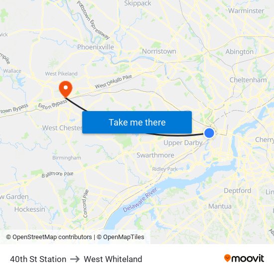 40th St Station to West Whiteland map