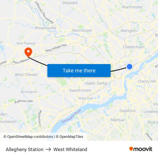 Allegheny Station to West Whiteland map
