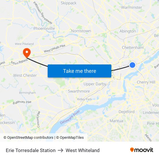 Erie Torresdale Station to West Whiteland map