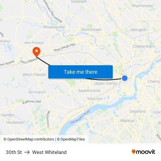 30th St to West Whiteland map