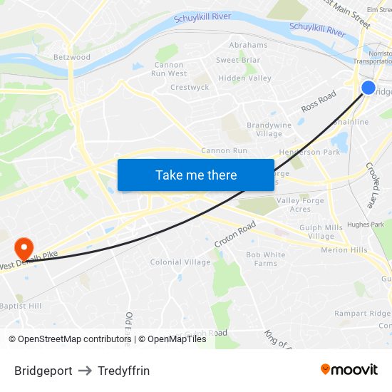 Bridgeport to Tredyffrin map