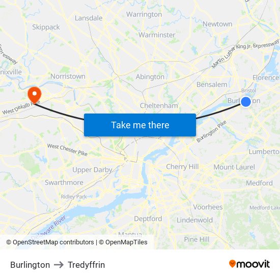 Burlington to Tredyffrin map