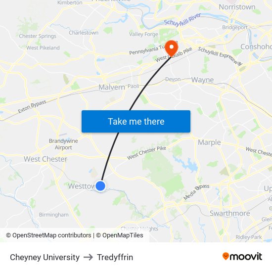 Cheyney University to Tredyffrin map