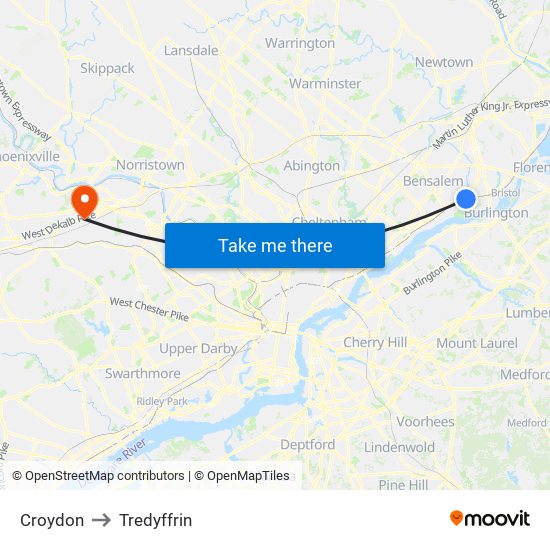 Croydon to Tredyffrin map