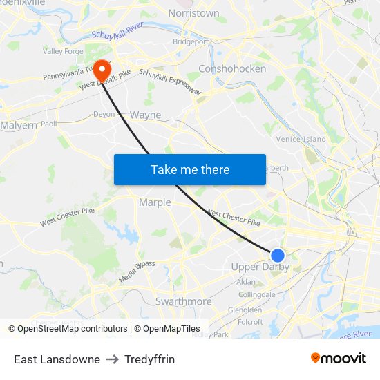 East Lansdowne to Tredyffrin map