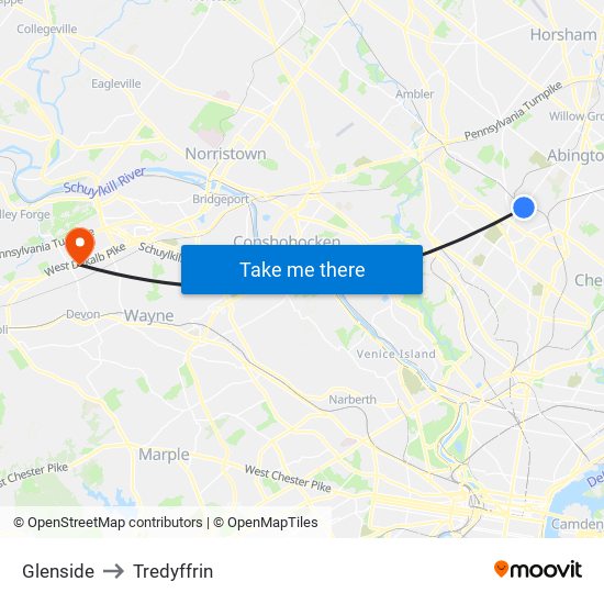 Glenside to Tredyffrin map