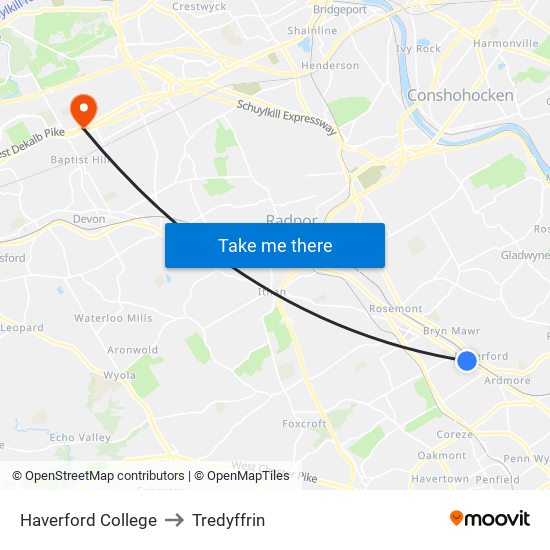 Haverford College to Tredyffrin map