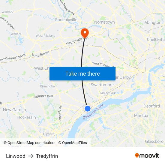 Linwood to Tredyffrin map