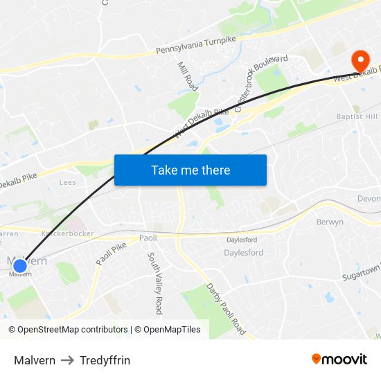 Malvern to Tredyffrin map